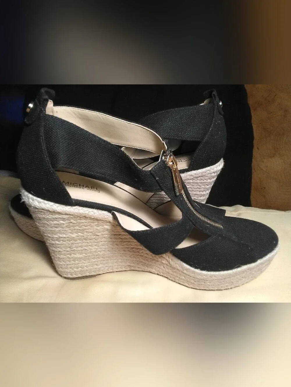 NWT Michael Kors Black Canvas Wedge Espadrille Sandals Gold Zipper 4 IN. Sz. 9